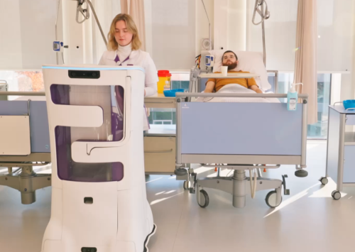 Ambyon ONE Robot delivering medication to a nurse and patient in a hospital